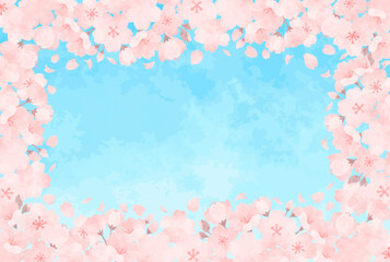 Obraz na płótnie Canvas ほんわか可愛い手描きの桜と青空の背景イラスト