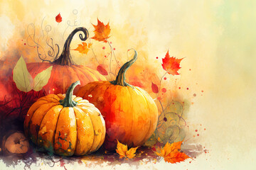 Naklejka na ściany i meble Autumn foliage and pumpkins with copy space to the right. Generative AI