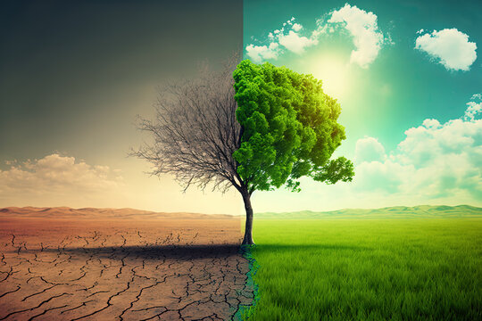A global warming concept image showing the effect of arid land with tree changing environment, Concept of climate change