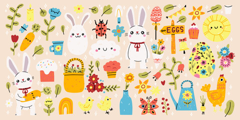 Cute bunny clip art - set of cartoon rabbits and spring design elements. Bunnies, birds, flowers. Easter elements isolated on white background. Vector illustration. Adorable holiday icons collection
