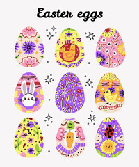Easter Eggs. Set of vector illustrations in watercolor style. Colored Easter eggs.Colorful painted easter eggs flat illustrations set. Traditional religious holiday celebration. Orthodox easter food