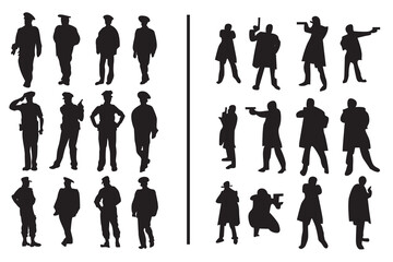 vector set of police vs criminal silhouettes, terrorist holding gun on white background