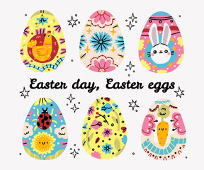 Easter Eggs. Set of vector illustrations in watercolor style. Colored Easter eggs.Colorful painted easter eggs flat illustrations set. Traditional religious holiday celebration. Orthodox easter food
