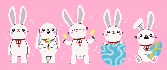 Easter bunny. Modern egg, bunnies for kids standing with egg. Rabbit or hare, spring festive animal with flower and chick. Cartoon holiday decent vector character. Rabbit character set.