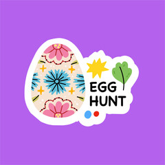 Naklejka premium Egg hunt.Easter eggs. Sticker with lettering for the spring Easter holiday.Vector hand drawn isolated illustration for t-shirts, postcards, posters, prints.Repeatable design for wrapping