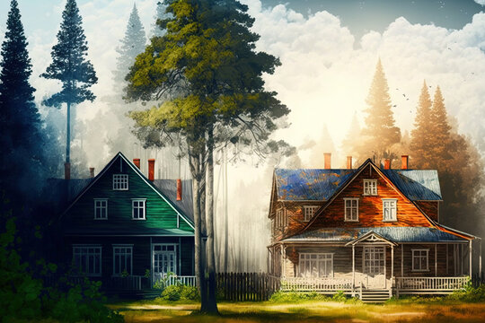 In cottages, relax. a cottage village during the summer. residences in the country near a forest. Cottages in a lovely setting. architectural design of a landscape. a two story wooden home. suburban s