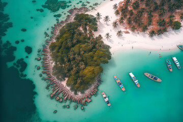 Aerial photo of the lovely scenery, tourist boats, and swimmers on May Rut island in Phu Quoc, Kien Giang, Vietnam, a peaceful island with a lovely beach. traveling idea. Generative AI