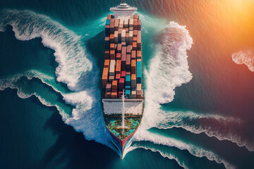 Aerial side view of a cargo ship transporting containers while moving toward custom ocean idea technology transportation, customs clearing, and exporting products from a cargo yard port. aheader mast - obrazy, fototapety, plakaty