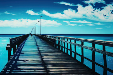 A lengthy pier in the water is shown in a wide picture against a gorgeous blue sky. Generative AI