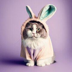 cat dressed as bunny for Easter on pastel color backdrop