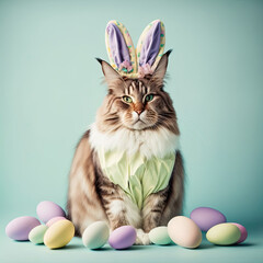 Fototapeta na wymiar for dressed bunny on backdrop as pastel color Easter cat