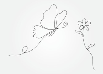 Butterfly Continuous Line Drawing. Black and white vector minimalist illustration of butterfly concept