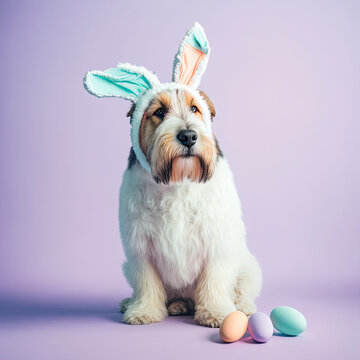 dog dressed as bunny on pastel color backdrop for Easter, studio lighting