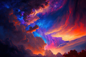 Obraz premium star filled sky starfall nebula Orange, violet, blue a spectacular cloudscape at sunset in the summertime. Generative AI