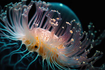 Macro of the stunning cyanea capillata jellyfish. Generative AI