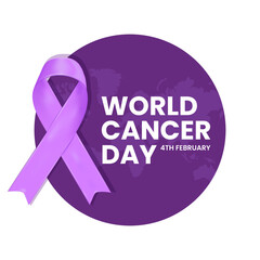 Realistic purple bow ribbon with circle badge. World Cancer Day Concept