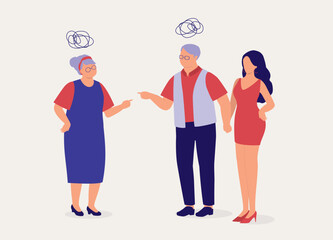 Fototapeta premium Senior Wife Angry At Her Unfaithful Husband Who Is Cheated On Her With A Younger Woman. Full Length. Flat Design Style, Character, Cartoon.