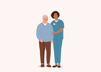 Smiling Black Female Nurse With Medical Scrubs Helping White Senior Man. Full Length. Flat Design Style, Character, Cartoon.