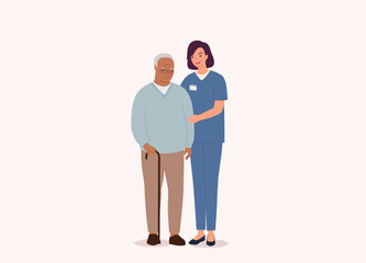 Smiling White Female Nurse With Medical Scrubs Helping Black Senior Man. Full Length. Flat Design Style, Character, Cartoon.