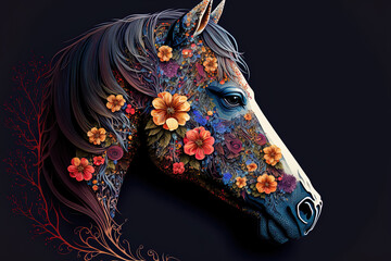 horse head ornamented with flowers. Generative AI - obrazy, fototapety, plakaty