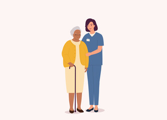 Smiling White Female Nurse With Medical Scrubs Helping Black Senior Woman. Full Length. Flat Design Style, Character, Cartoon.