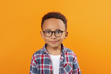 Cute African-American boy with glasses on orange background