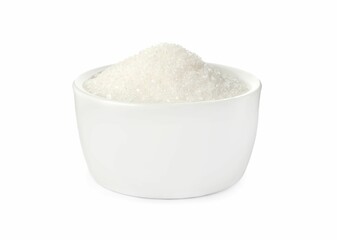 Bowl of granulated sugar isolated on white