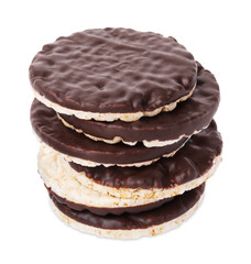 Stack of puffed rice cakes with chocolate spread isolated on white