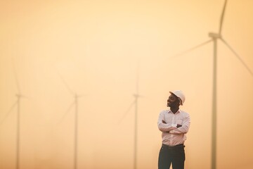 African engineer man stands with smile front the wind turbines generating electricity power...