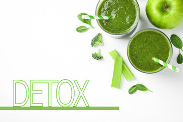 Word Detox and glasses of delicious green smoothie on white background, flat lay