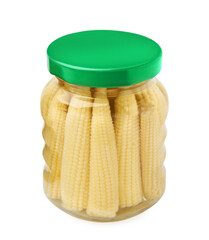 Jar of pickled baby corn isolated on white