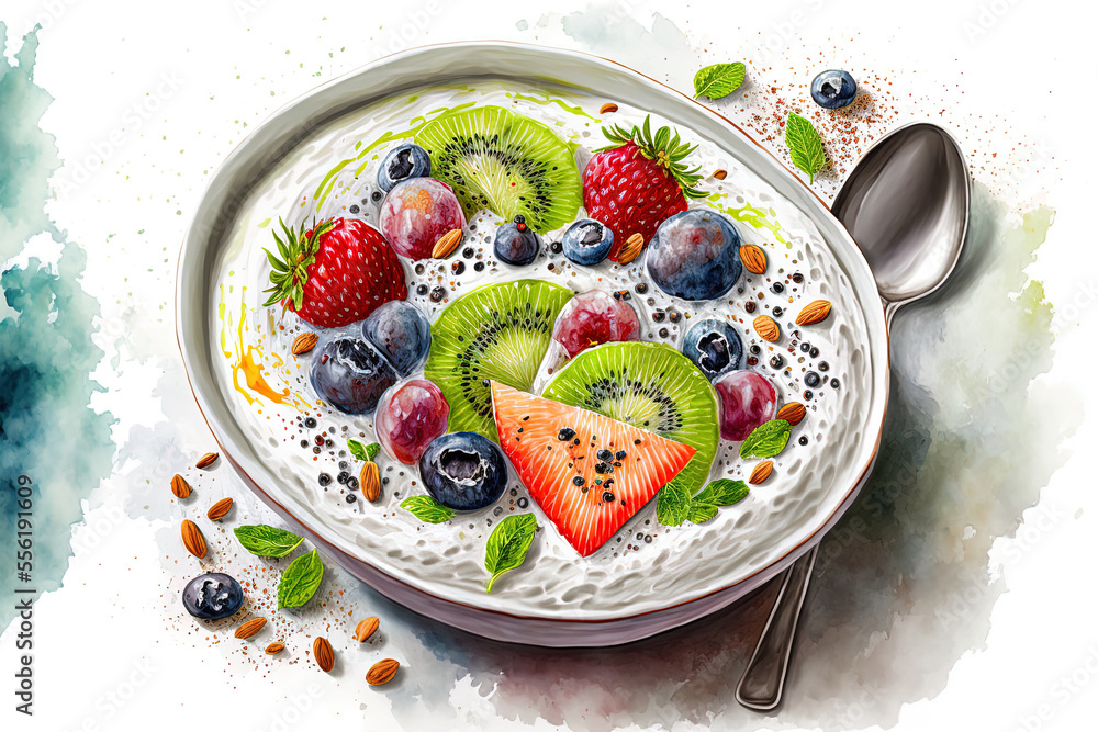 Sticker Breakfast cottage cheese in a white dish with berries, kiwis, almonds, and chia seeds. Generative AI