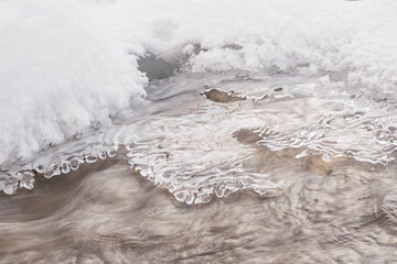Macro of ice formations on a flowing river.