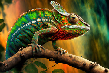 Obraz premium Chameleon veiled walking on branch headanimal closeup chameleon veiled ready grab prey. Generative AI