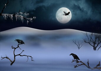Fototapeta premium raven, winter, night, hall, painting, interior design, home decoration, abstraction, style,