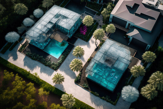 Aerial picture of posh contemporary homes in Florida with outdoor swimming pools wrapped with mosquito netting on metal frames for pest protection. Generative AI