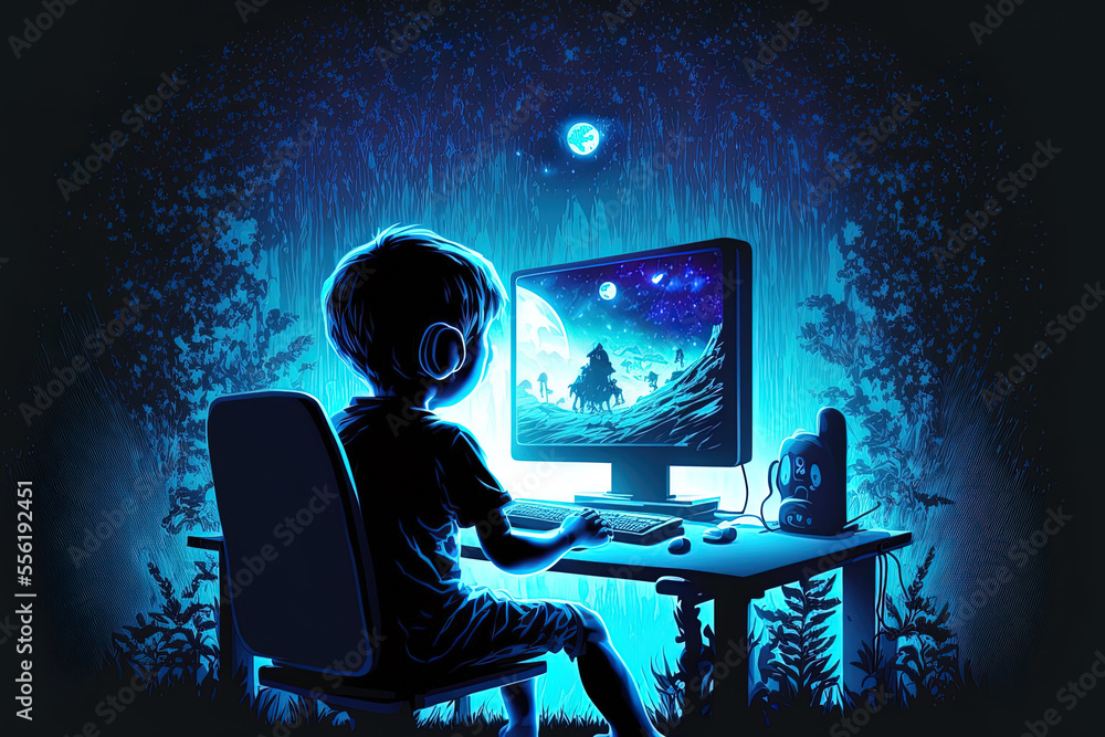 Aufkleber blogging and gaming concept kid or blogger with pc computer recording video at home little kid using