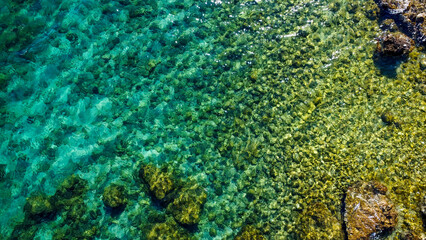 Aerial drone photo of Croatian sea with turquoise rocky seascape