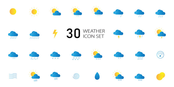 set of blue weather or meteorological icons  with seasons, sun, rain, clouds, cyclone, winter freeze, lightning and wind isolated on white, editable vector illustration for ui ux design 
