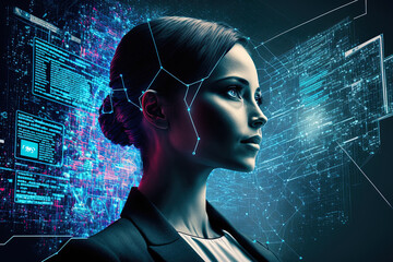 futuristic networking technology remix with woman using virtual screen. Generative AI