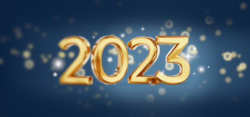 2023 golden symbol and creative bokeh background 3d-illustration