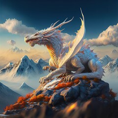 A stunning white dragon on a mountain top whilst overlooking the surrounding landscape. © Declan Hillman