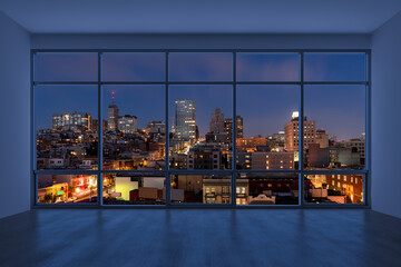 Fototapeta na wymiar Empty room Interior Skyscrapers View Cityscape. Downtown San Francisco City Skyline Buildings from High Rise Window. Beautiful California Real Estate. Night time. 3d rendering.