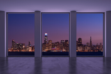 Empty room Interior Skyscrapers View Cityscape. Downtown San Francisco City Skyline Buildings from High Rise Window. Beautiful California Real Estate. Night time. 3d rendering.