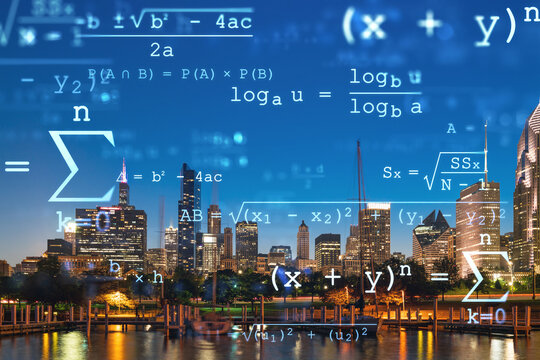 City view of Downtown skyscrapers of Chicago skyline panorama over Lake Michigan, harbor area, night time, Illinois, USA. Education concept. Academic research, top ranking universities, hologram - Powered by Adobe