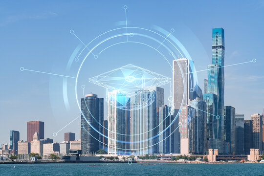 City view of Downtown skyscrapers of Chicago skyline panorama over Lake Michigan, harbor area, day time, Illinois, USA. Education concept. Academic research, top ranking universities, hologram