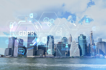 Skyline of New York City Financial Downtown Skyscrapers over East River from park, Dumbo at day time, Manhattan. GDPR hologram, concept of data protection, regulation and privacy for all individuals