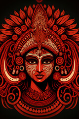 Theyyam, girl in mask, Kerala, vector illustration minimalist design, vector illustration, hindu goddess 
