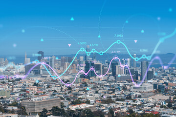 Obraz na płótnie Canvas Panoramic view of San Francisco skyline, daytime from hill side. Financial District. Forex graph, charts hologram. The concept of internet trading, brokerage and fundamental analysis