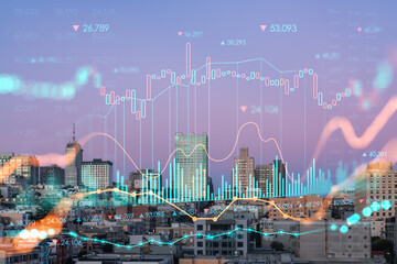 Fototapeta na wymiar Panoramic cityscape view of San Francisco Nob hill area, sunset, midtown skyline, California, US. Forex graph, charts hologram. The concept of internet trading, brokerage and fundamental analysis